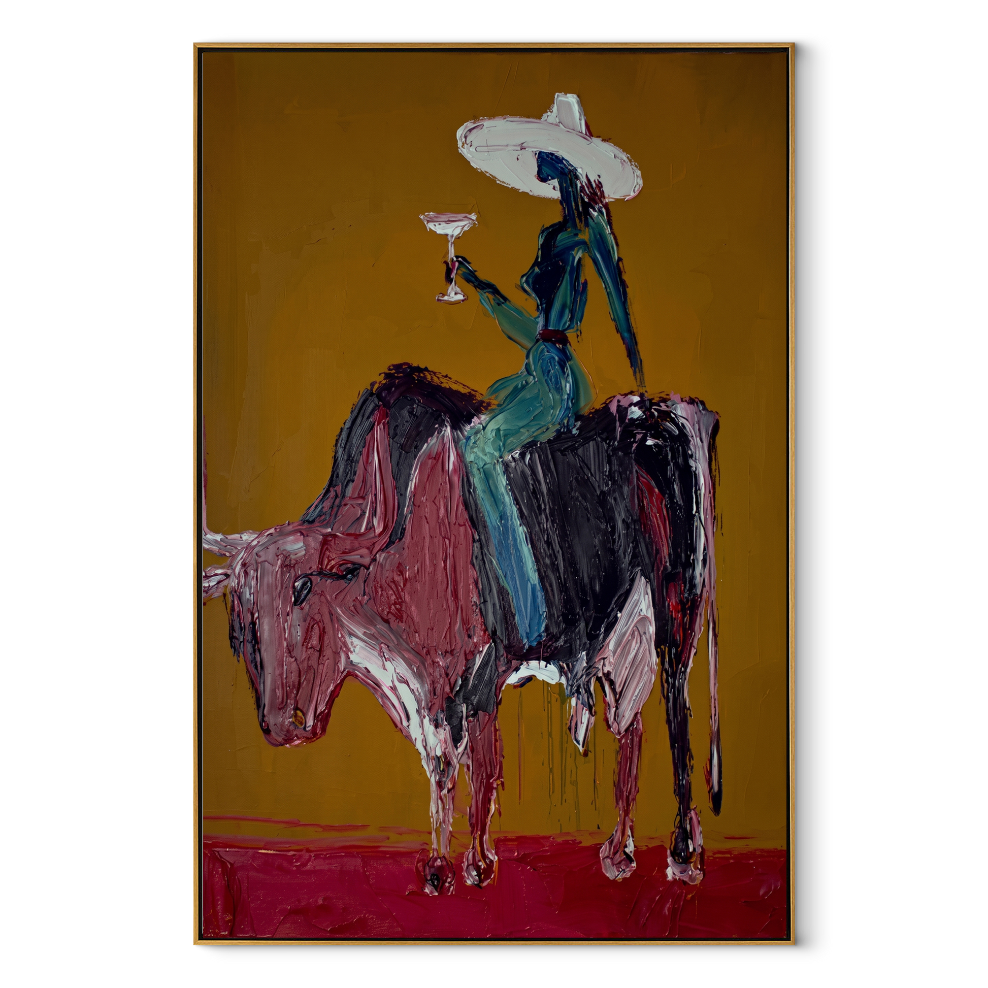 Brown Horns Carry Teal - cowgirl brown bull painting by Ethan Mercer, contemporary Western vertical wall art – wood frame on white background