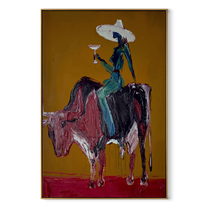 Brown Horns Carry Teal - cowgirl brown bull painting by Ethan Mercer, contemporary Western vertical wall art – wood frame on white background