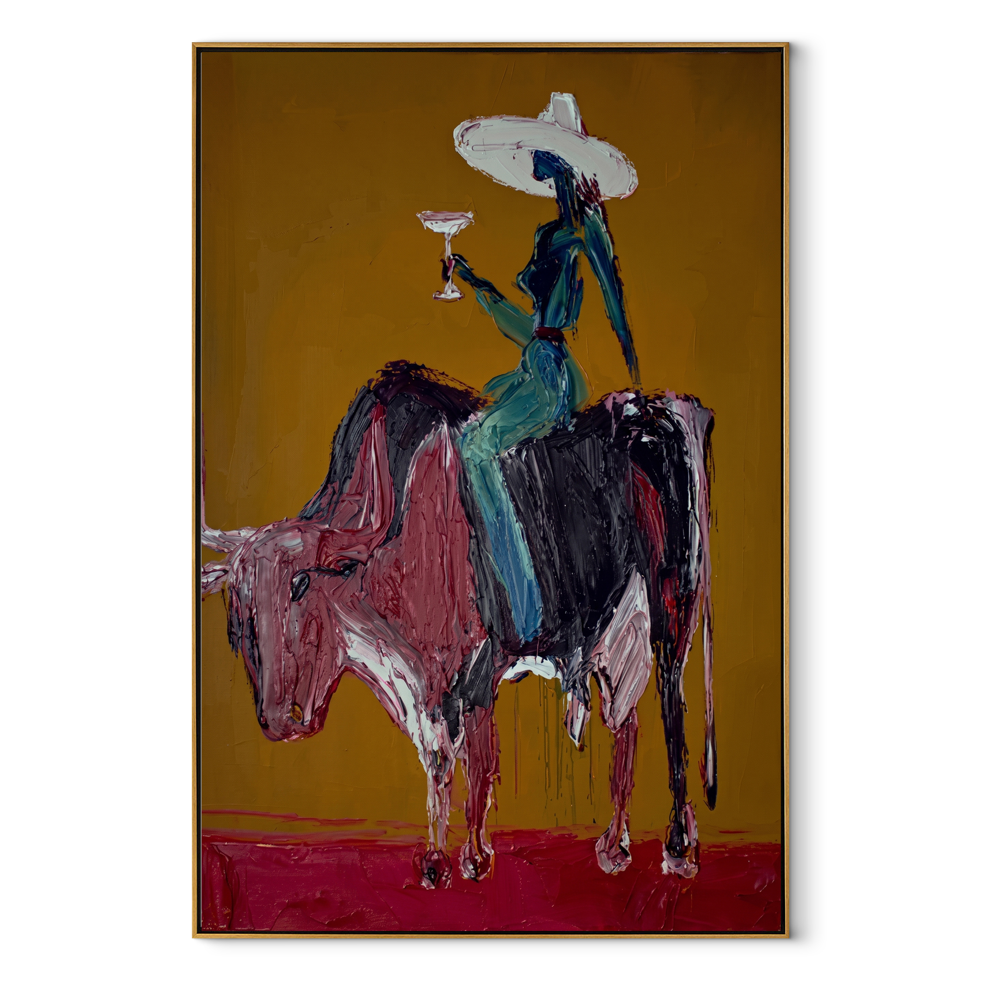Brown Horns Carry Teal - cowgirl brown bull painting by Ethan Mercer, contemporary Western vertical wall art – wood frame on white background