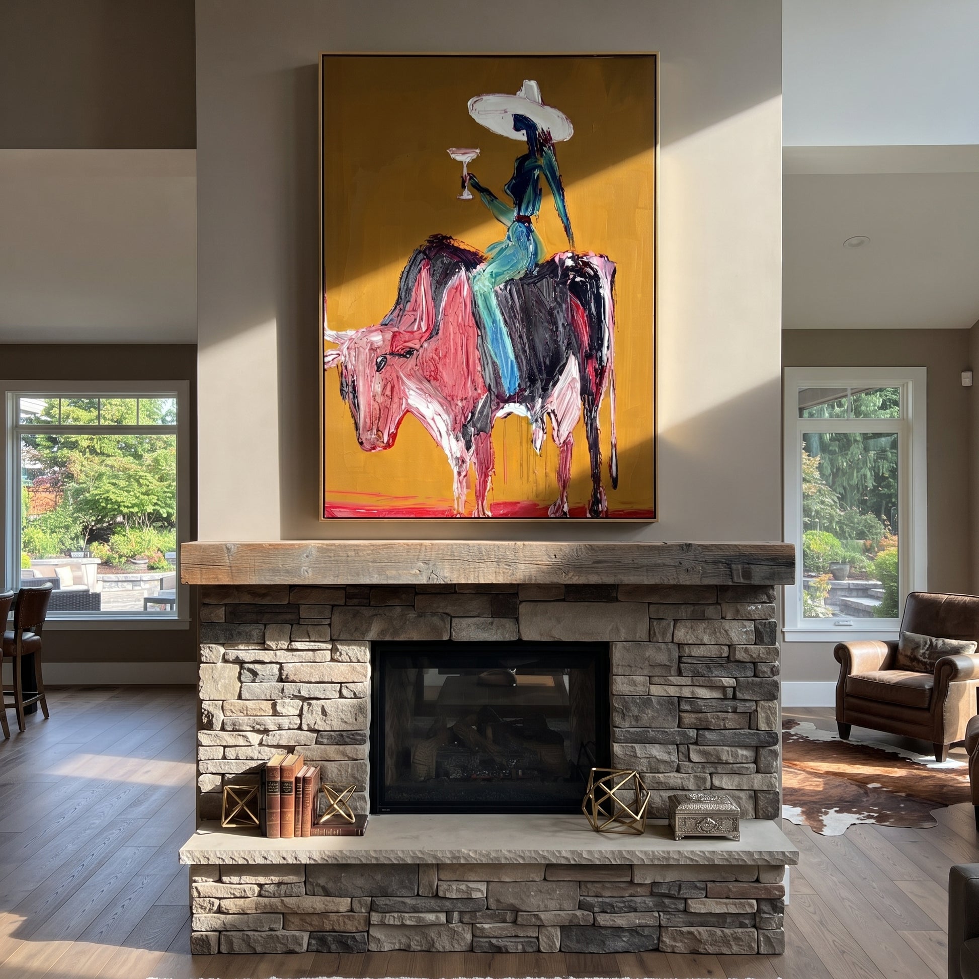 Brown Horns Carry Teal - cowgirl brown bull painting by Ethan Mercer, contemporary Western vertical wall art – styled room scene view 2