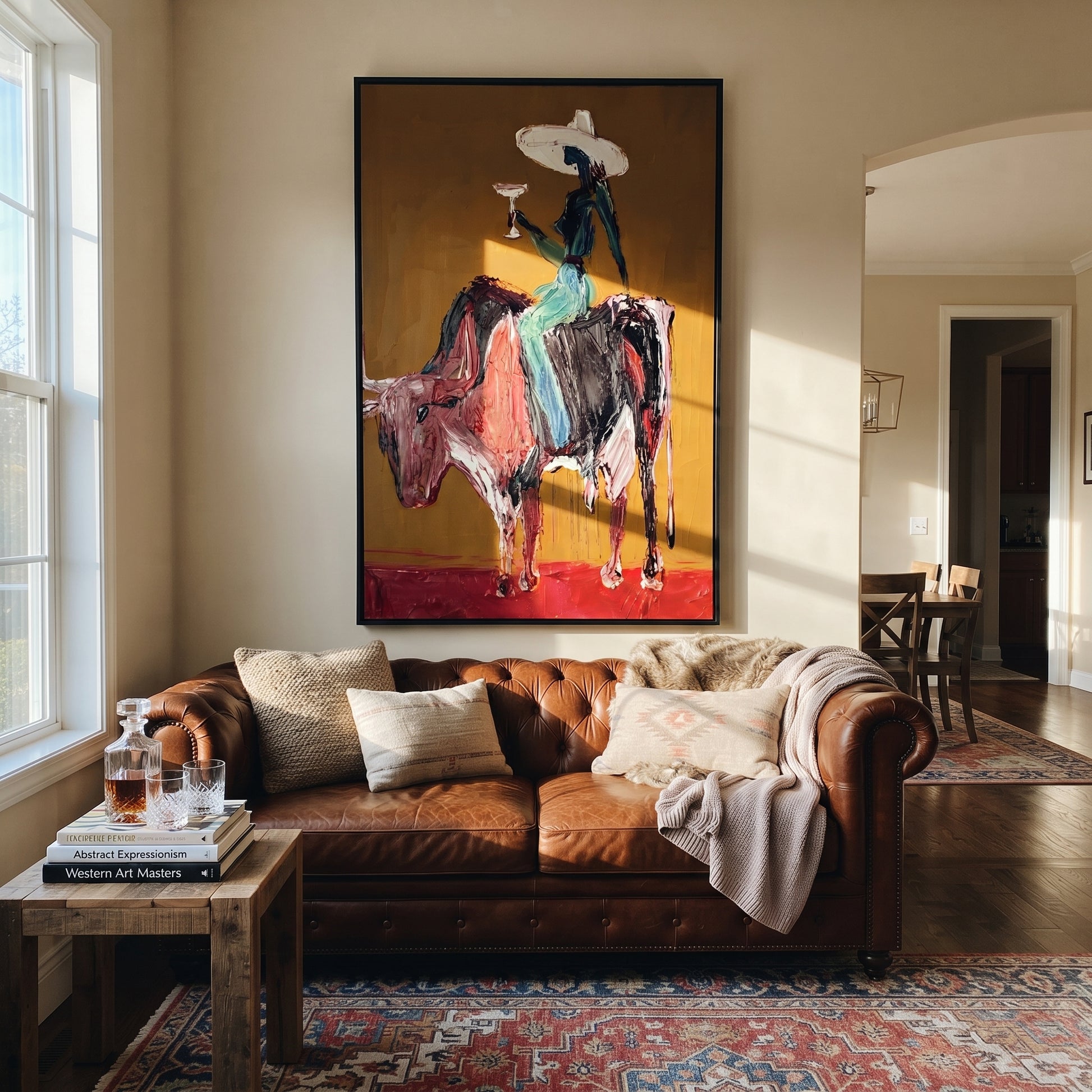 Brown Horns Carry Teal - cowgirl brown bull painting by Ethan Mercer, contemporary Western vertical wall art – styled room scene view 3
