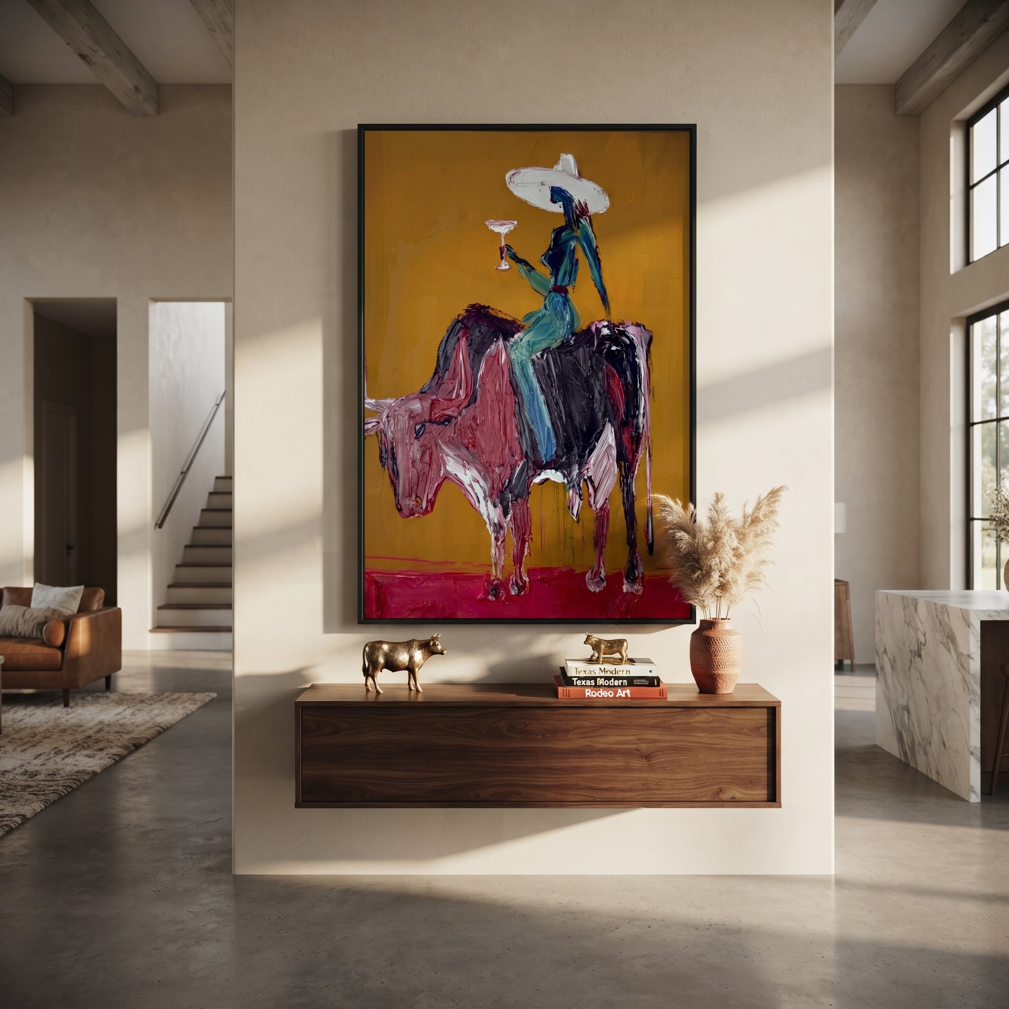Brown Horns Carry Teal - cowgirl brown bull painting by Ethan Mercer, contemporary Western vertical wall art – styled room scene view 4