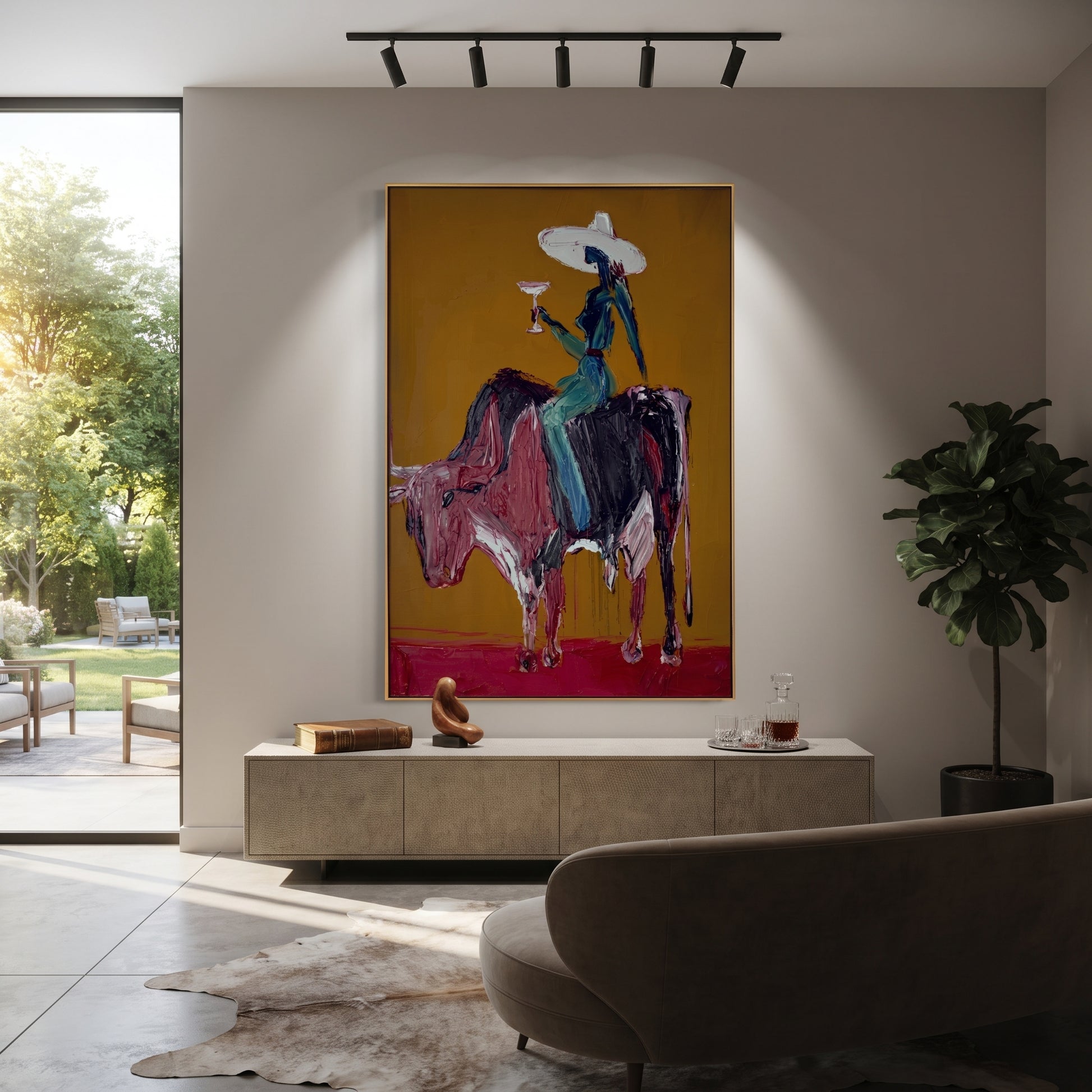 Brown Horns Carry Teal - cowgirl brown bull painting by Ethan Mercer, contemporary Western vertical wall art – styled room scene view 5