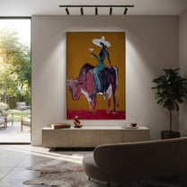 Brown Horns Carry Teal - cowgirl brown bull painting by Ethan Mercer, contemporary Western vertical wall art – styled room scene view 5