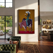 Brown Horns Carry Teal - cowgirl brown bull painting by Ethan Mercer, contemporary Western vertical wall art – styled room scene view 6