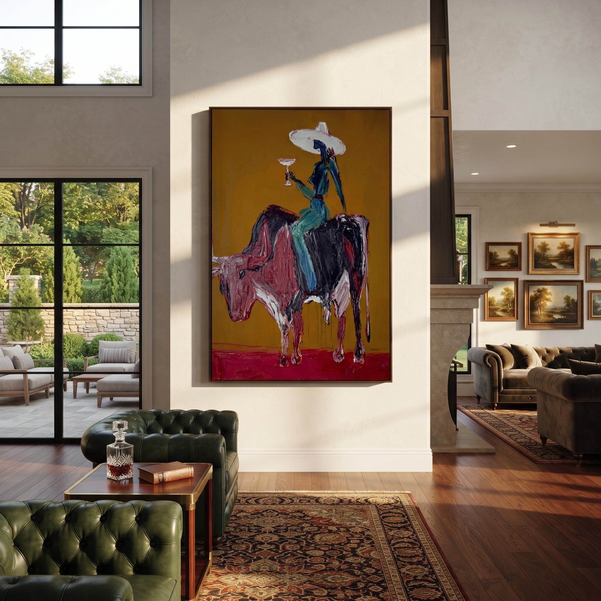 Brown Horns Carry Teal - cowgirl brown bull painting by Ethan Mercer, contemporary Western vertical wall art – styled room scene view 6