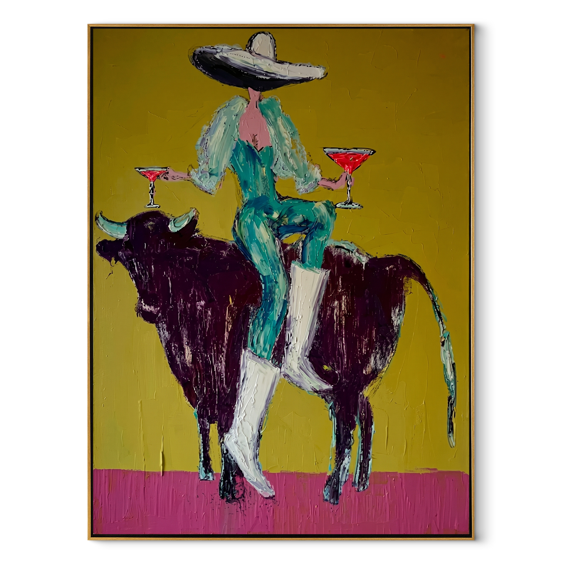 Twin Glasses Balance Night - cowgirl black bull painting by Ethan Mercer, contemporary Western vertical wall art – wood frame on white background