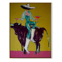 Twin Glasses Balance Night - cowgirl black bull painting by Ethan Mercer, contemporary Western vertical wall art – wood frame on white background