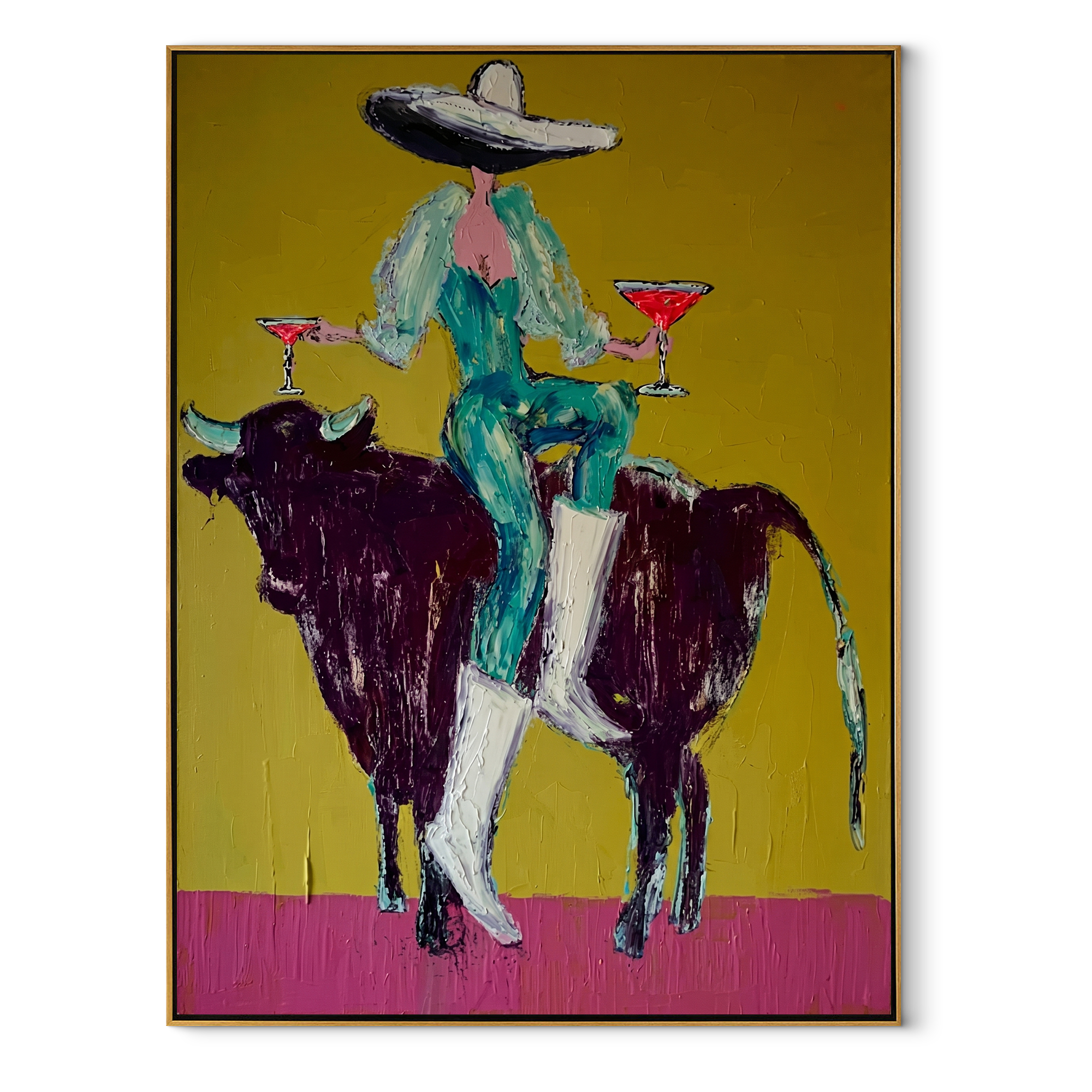 Twin Glasses Balance Night - cowgirl black bull painting by Ethan Mercer, contemporary Western vertical wall art – wood frame on white background