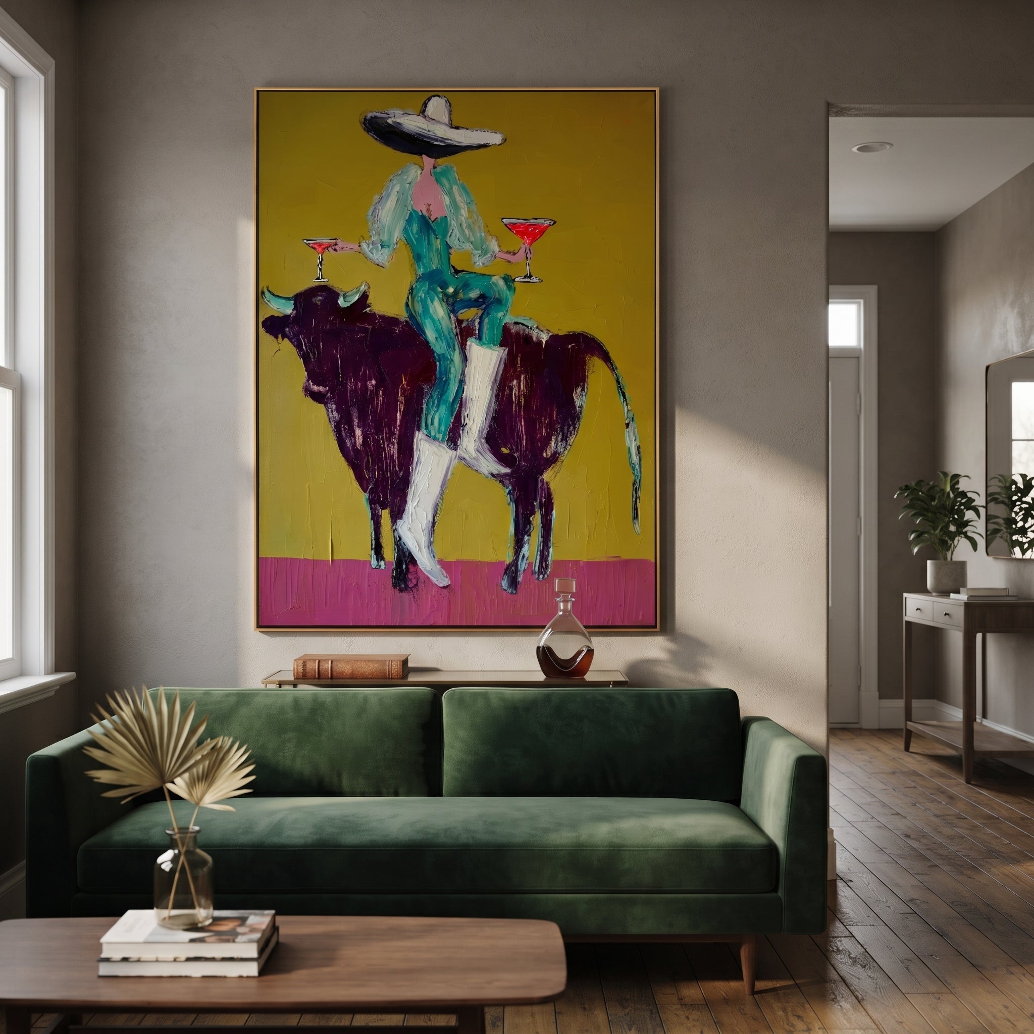 Twin Glasses Balance Night - cowgirl black bull painting by Ethan Mercer, contemporary Western vertical wall art – styled room scene view 3