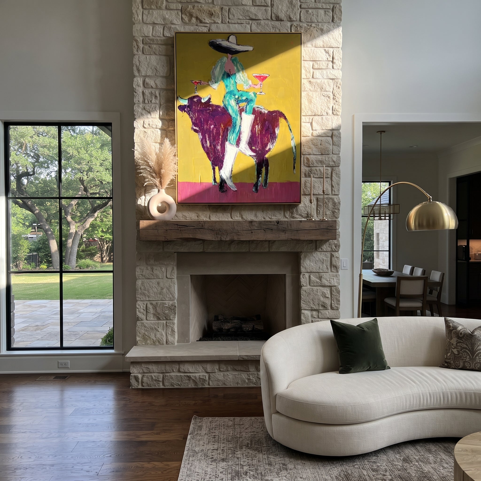 Twin Glasses Balance Night - cowgirl black bull painting by Ethan Mercer, contemporary Western vertical wall art – styled room scene view 4