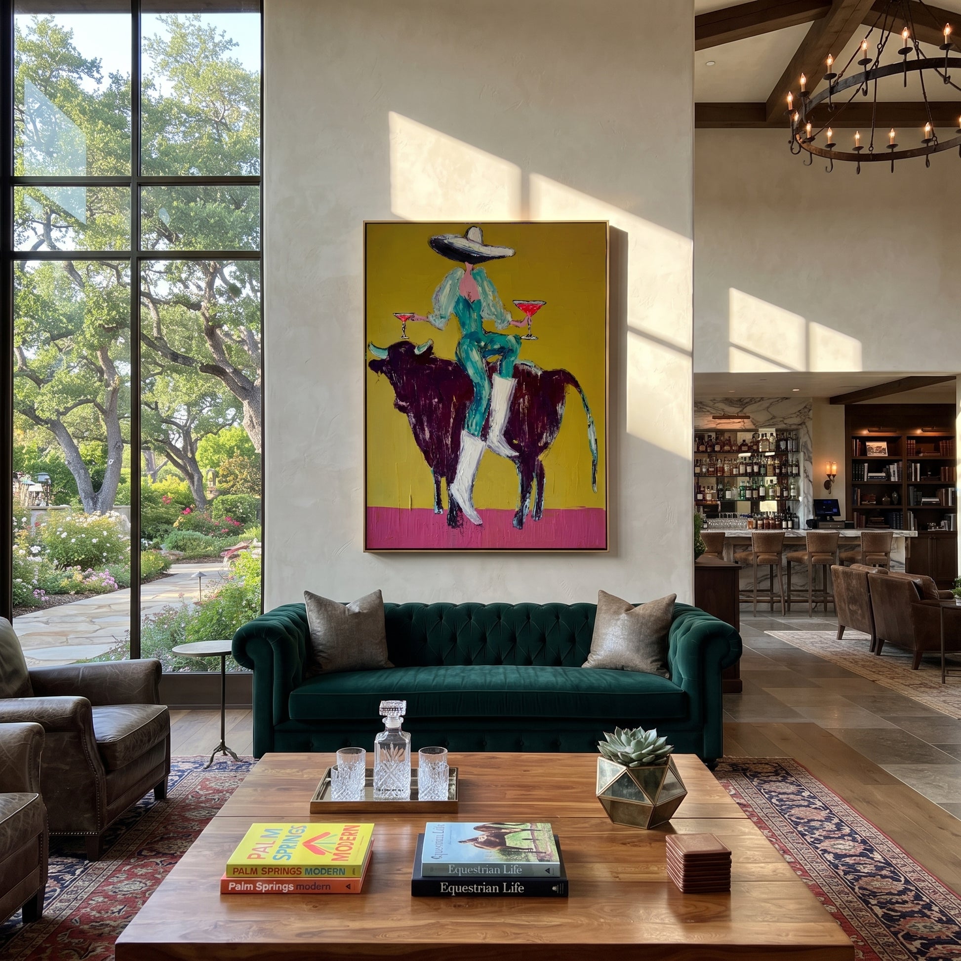 Twin Glasses Balance Night - cowgirl black bull painting by Ethan Mercer, contemporary Western vertical wall art – styled room scene view 5