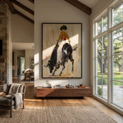 Black Bull Breaks Ivory - cowgirl powerful bull painting by Ethan Mercer, contemporary Western vertical wall art – styled room scene view 1