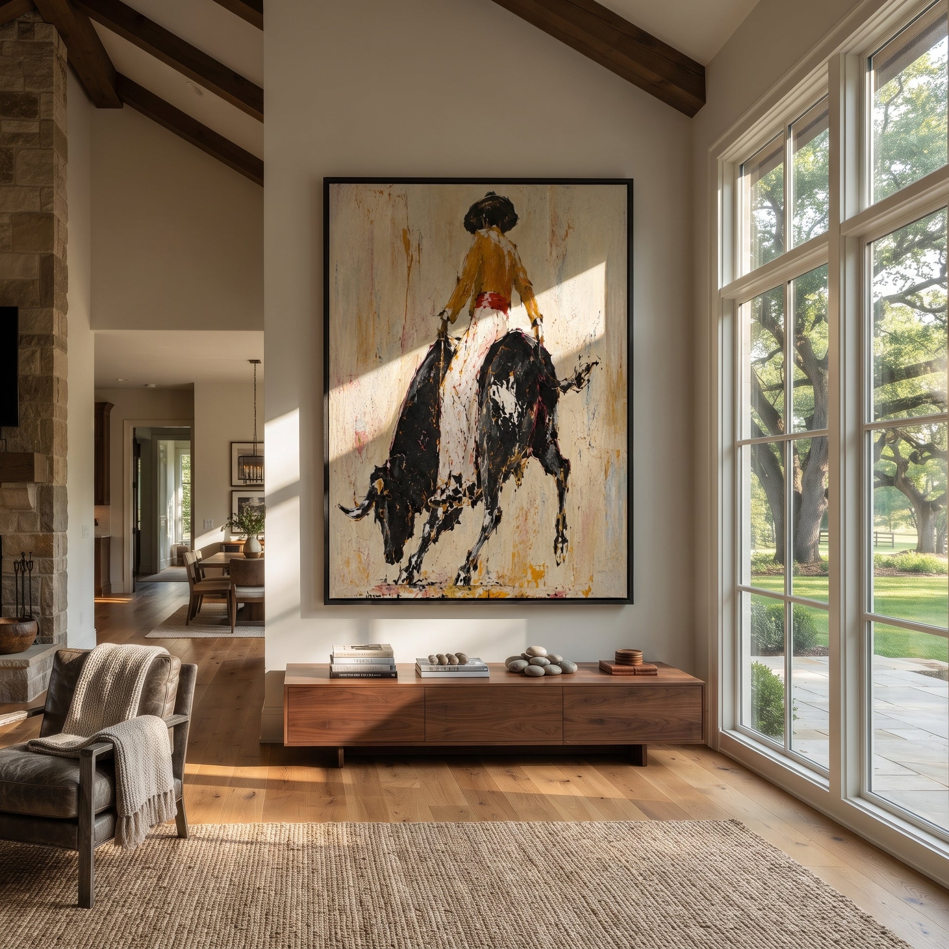 Black Bull Breaks Ivory - cowgirl powerful bull painting by Ethan Mercer, contemporary Western vertical wall art – styled room scene view 1