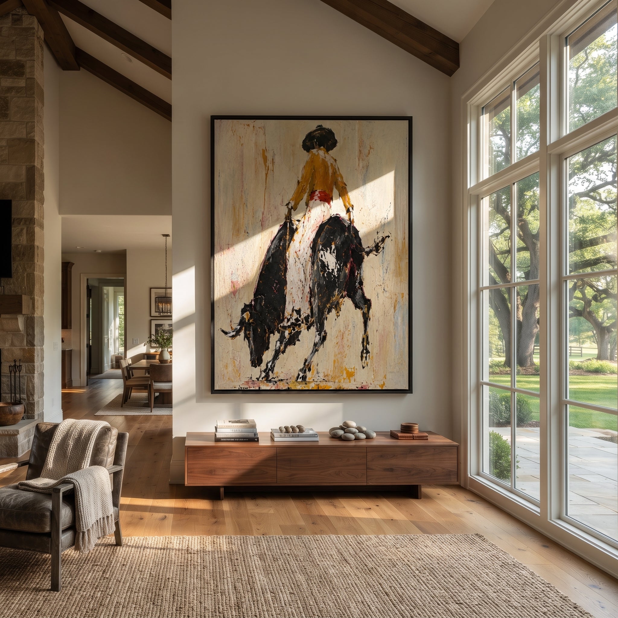 Black Bull Breaks Ivory - cowgirl powerful bull painting by Ethan Mercer, contemporary Western vertical wall art – styled room scene view 1