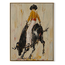 Black Bull Breaks Ivory - cowgirl powerful bull painting by Ethan Mercer, contemporary Western vertical wall art – wood frame on white background