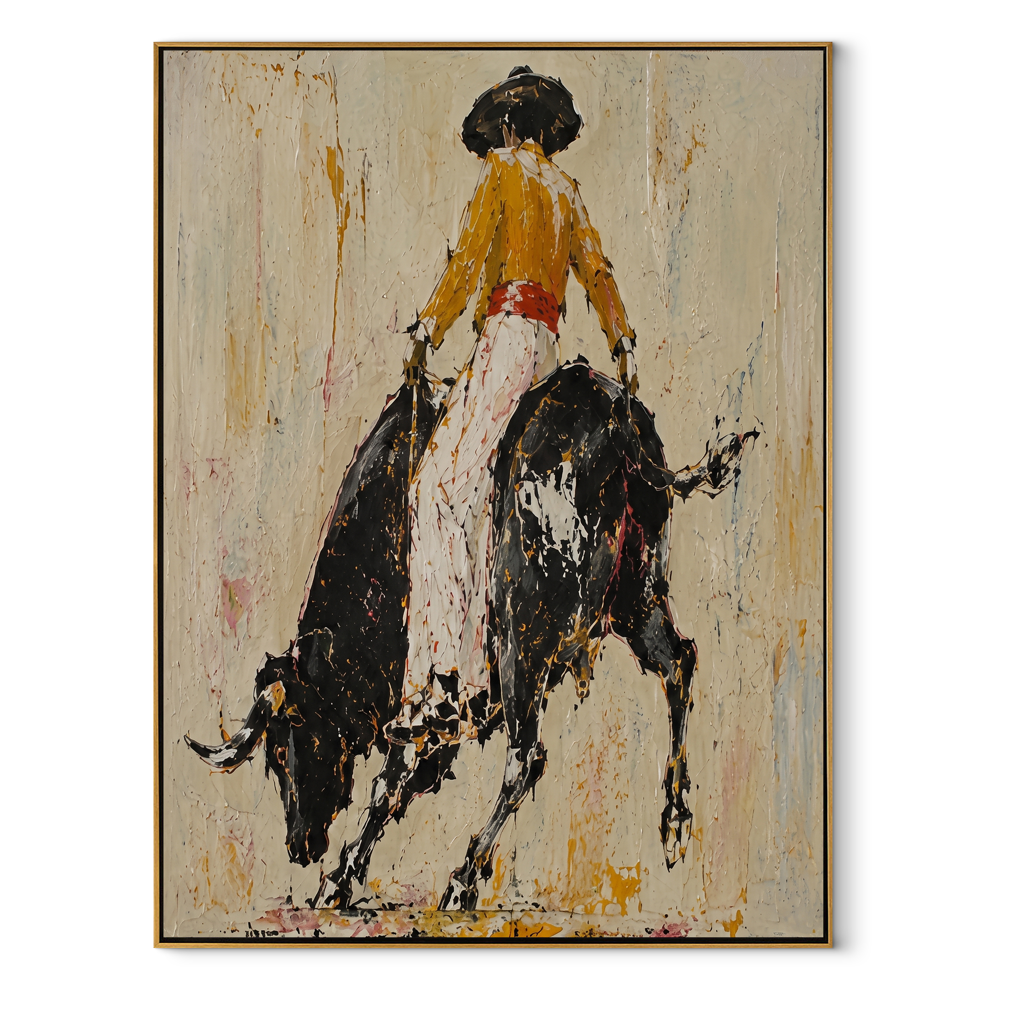 Black Bull Breaks Ivory - cowgirl powerful bull painting by Ethan Mercer, contemporary Western vertical wall art – wood frame on white background