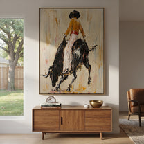 Black Bull Breaks Ivory - cowgirl powerful bull painting by Ethan Mercer, contemporary Western vertical wall art – styled room scene view 2