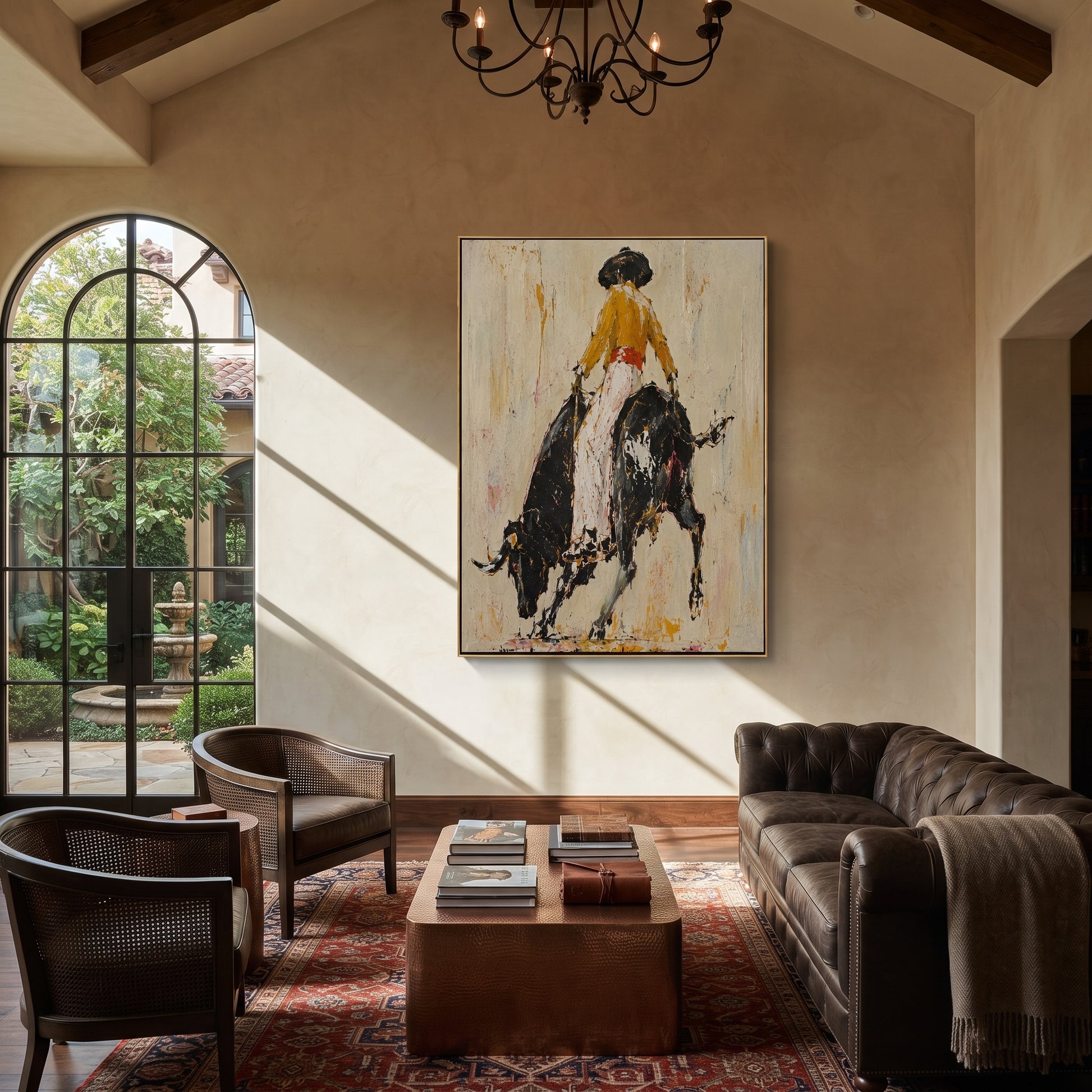 Black Bull Breaks Ivory - cowgirl powerful bull painting by Ethan Mercer, contemporary Western vertical wall art – styled room scene view 3