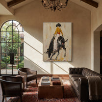 Black Bull Breaks Ivory - cowgirl powerful bull painting by Ethan Mercer, contemporary Western vertical wall art – styled room scene view 3