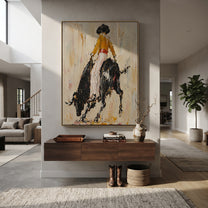 Black Bull Breaks Ivory - cowgirl powerful bull painting by Ethan Mercer, contemporary Western vertical wall art – styled room scene view 4