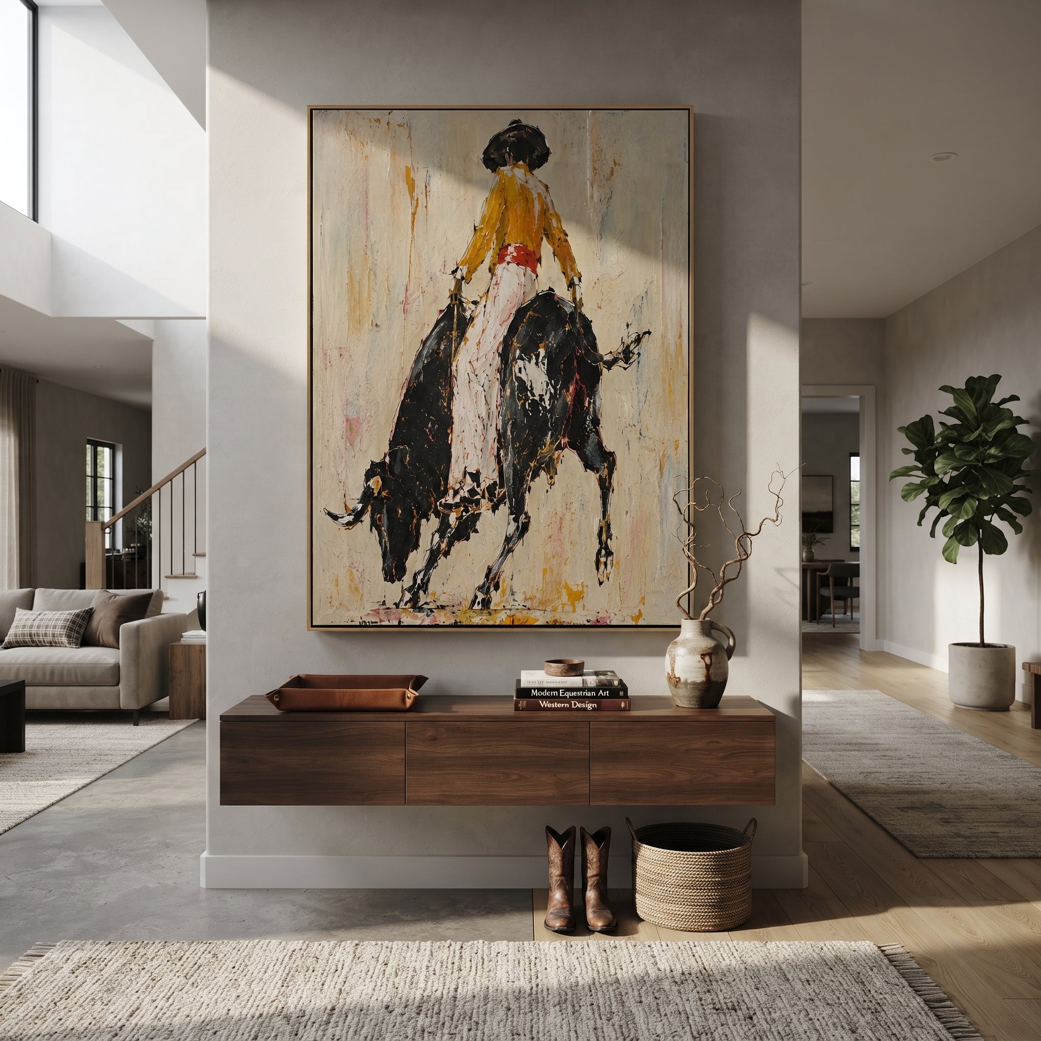 Black Bull Breaks Ivory - cowgirl powerful bull painting by Ethan Mercer, contemporary Western vertical wall art – styled room scene view 4