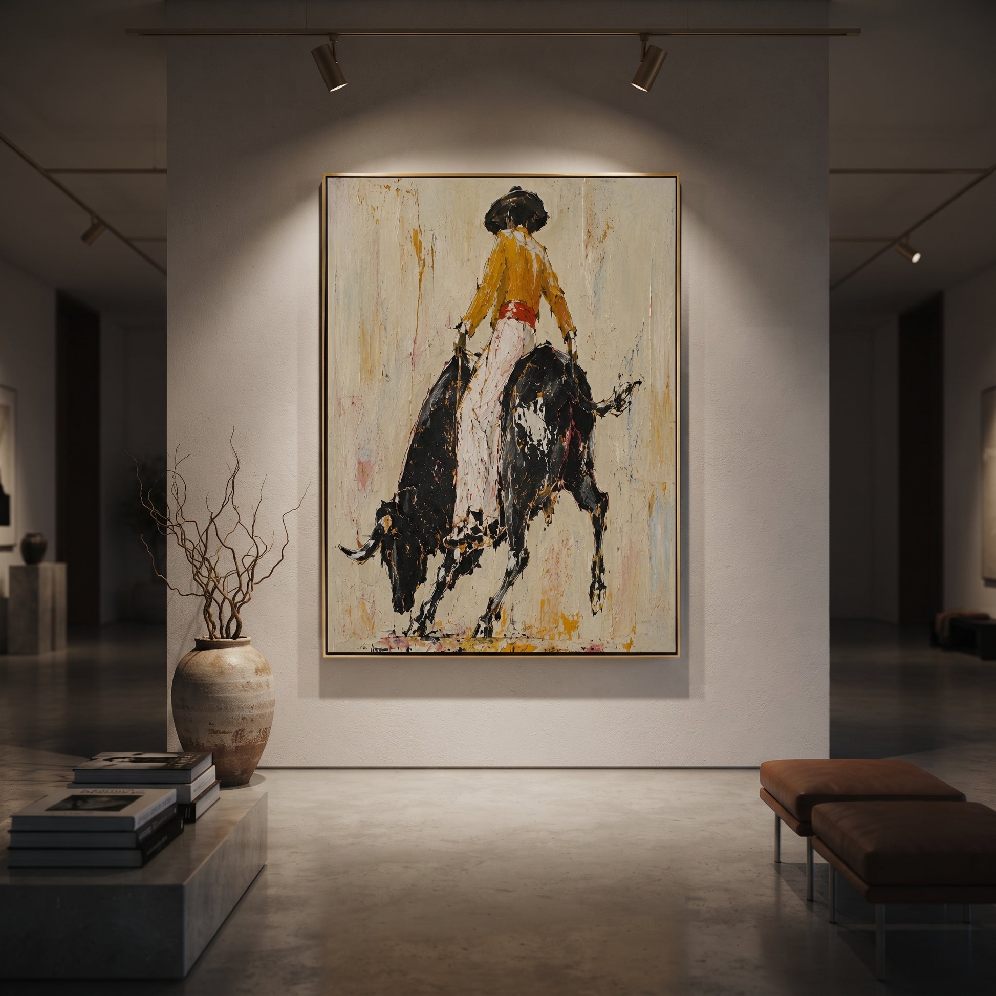 Black Bull Breaks Ivory - cowgirl powerful bull painting by Ethan Mercer, contemporary Western vertical wall art – styled room scene view 5