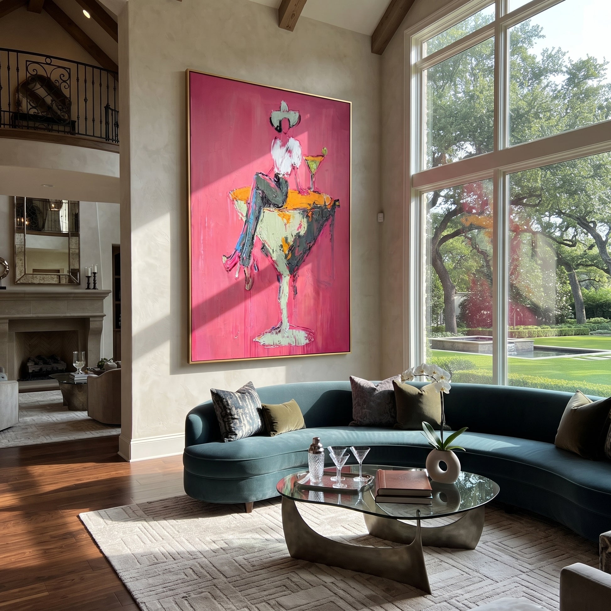 Mint Glass Holds Midnight - cowgirl martini glass painting by Ethan Mercer, contemporary Western vertical wall art – styled room scene view 1