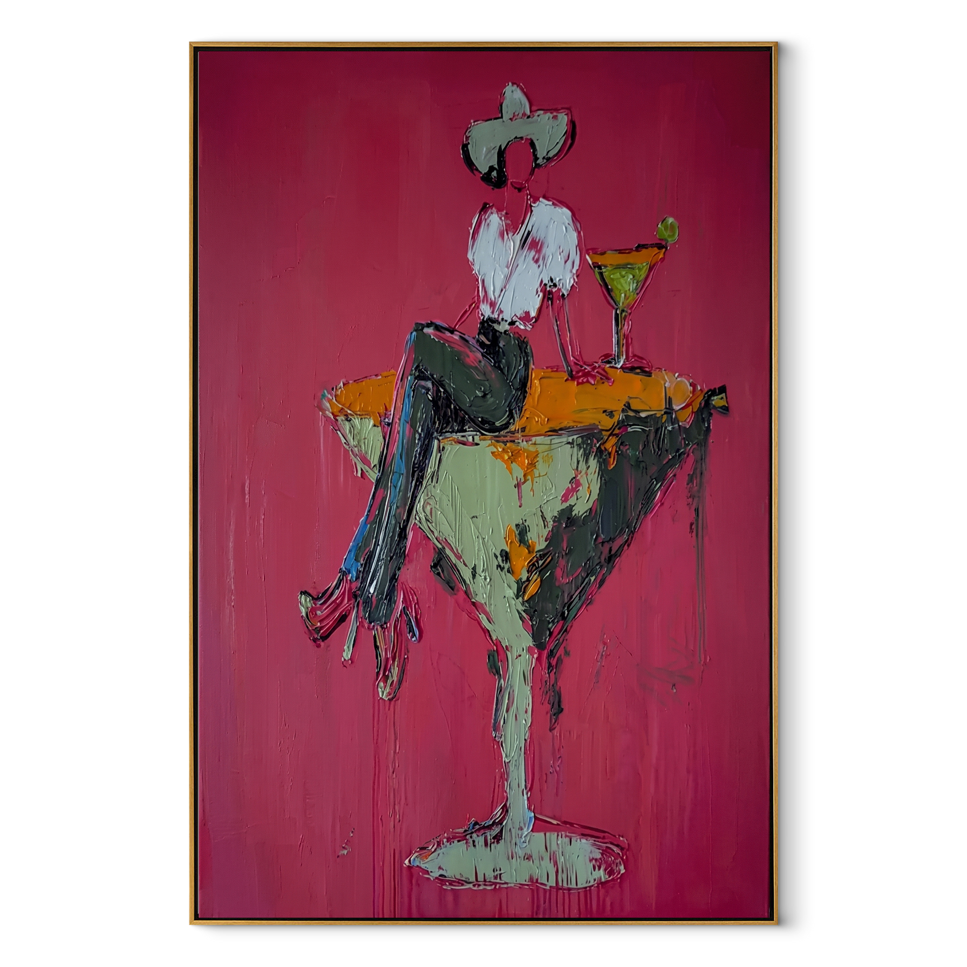 Mint Glass Holds Midnight - cowgirl martini glass painting by Ethan Mercer, contemporary Western vertical wall art – wood frame on white background