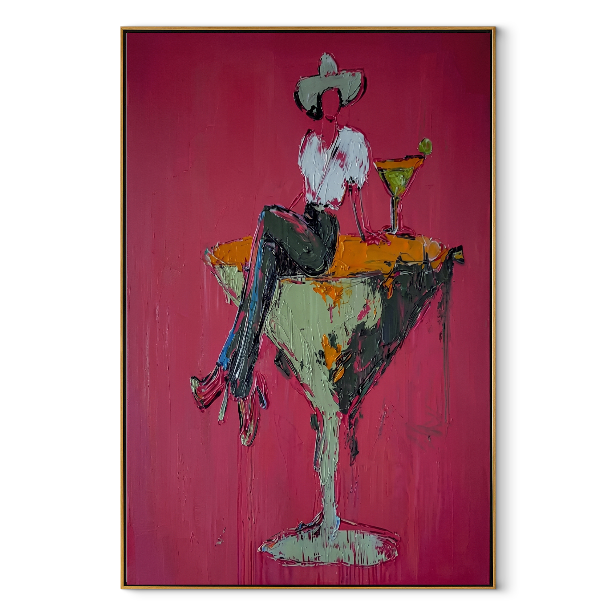 Mint Glass Holds Midnight - cowgirl martini glass painting by Ethan Mercer, contemporary Western vertical wall art – wood frame on white background