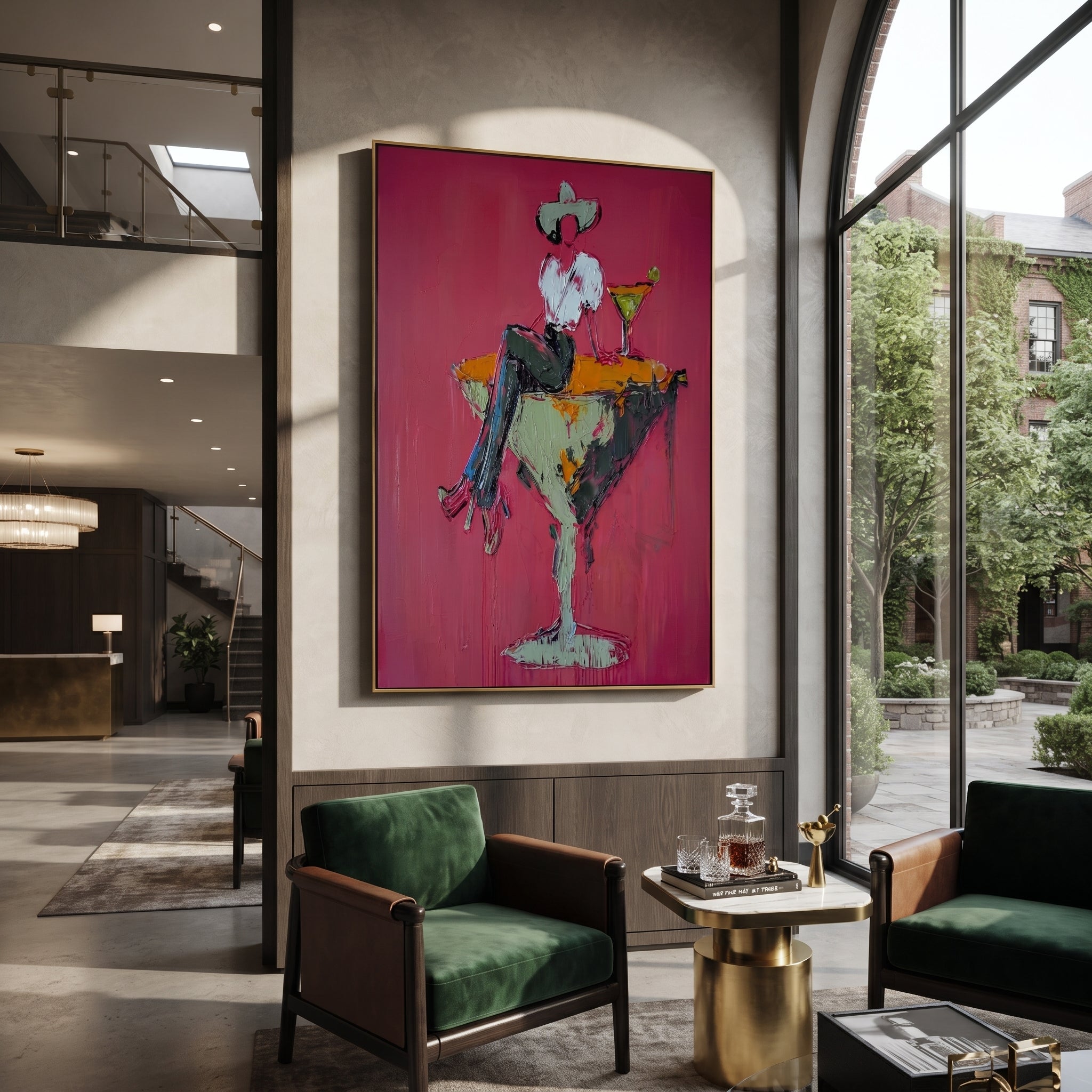 Mint Glass Holds Midnight - cowgirl martini glass painting by Ethan Mercer, contemporary Western vertical wall art – styled room scene view 2