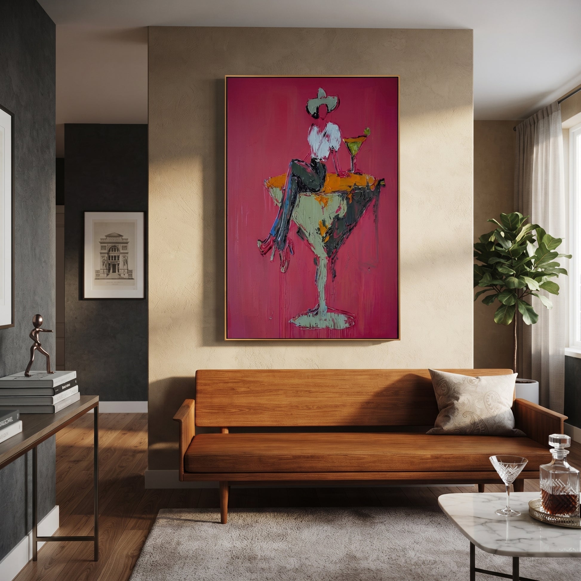 Mint Glass Holds Midnight - cowgirl martini glass painting by Ethan Mercer, contemporary Western vertical wall art – styled room scene view 3