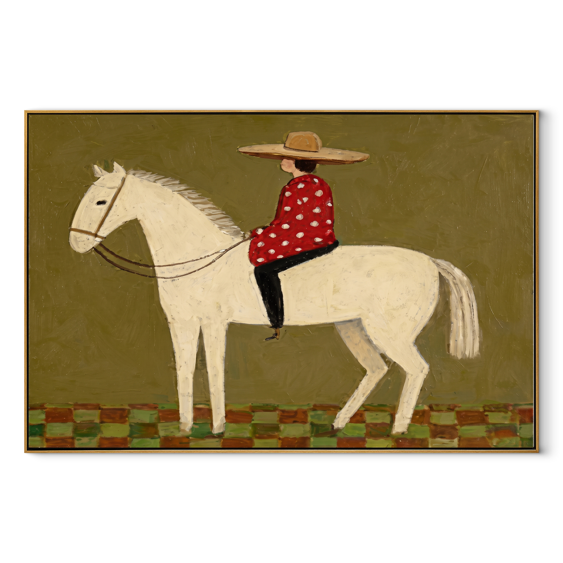 Red Dots Ride Ivory - folk rider horse painting by Ethan Mercer, contemporary Western horizontal wall art – wood frame on white background