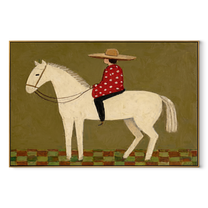 Red Dots Ride Ivory - folk rider horse painting by Ethan Mercer, contemporary Western horizontal wall art – wood frame on white background