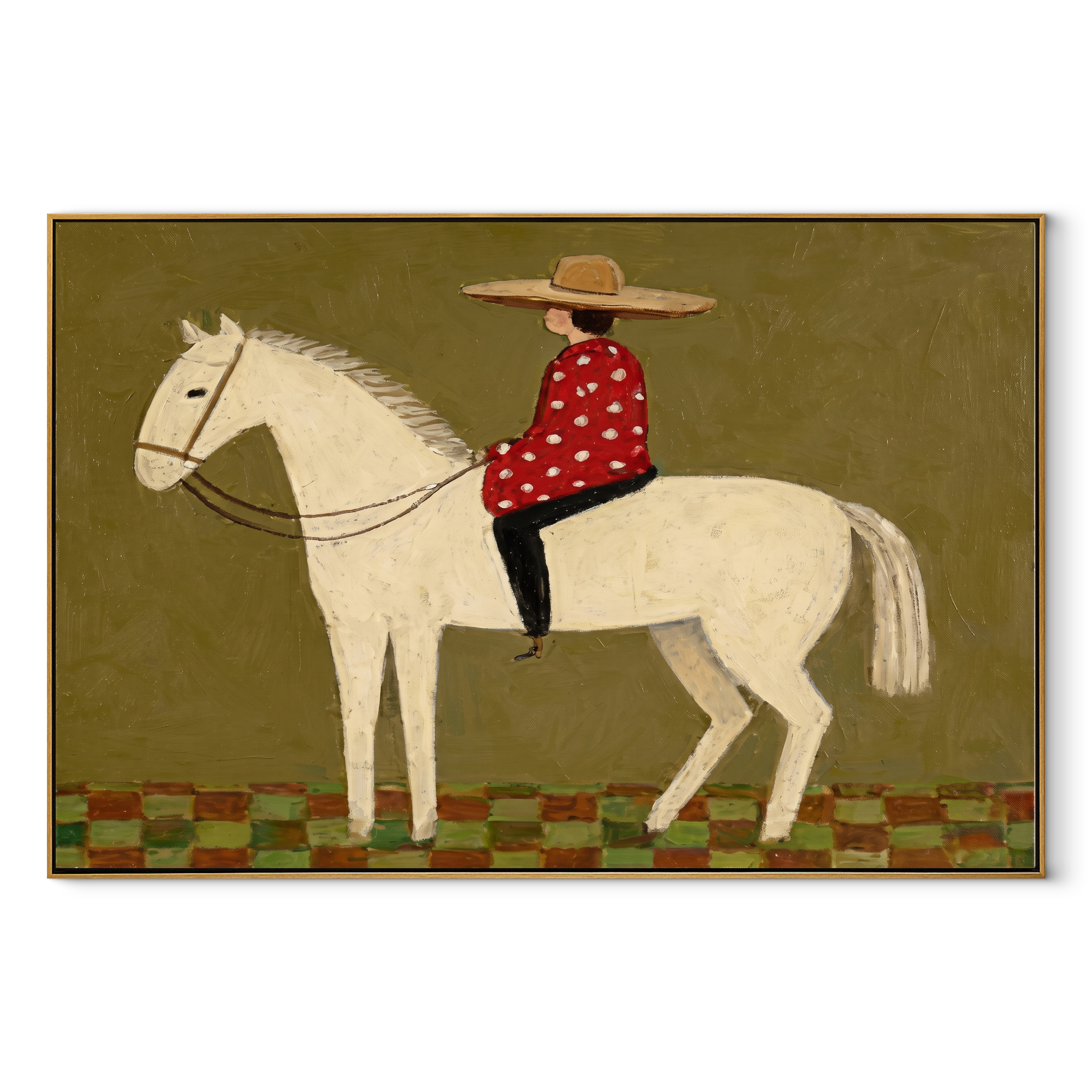 Red Dots Ride Ivory - folk rider horse painting by Ethan Mercer, contemporary Western horizontal wall art – wood frame on white background