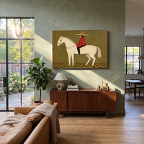 Red Dots Ride Ivory - folk rider horse painting by Ethan Mercer, contemporary Western horizontal wall art – styled room scene view 3