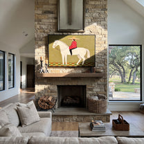 Red Dots Ride Ivory - folk rider horse painting by Ethan Mercer, contemporary Western horizontal wall art – styled room scene view 4