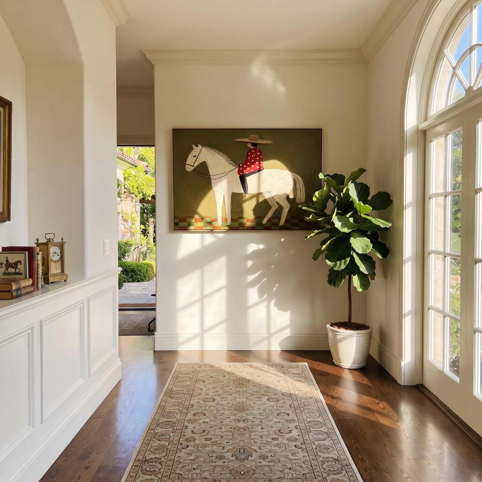 Red Dots Ride Ivory - folk rider horse painting by Ethan Mercer, contemporary Western horizontal wall art – styled room scene view 5
