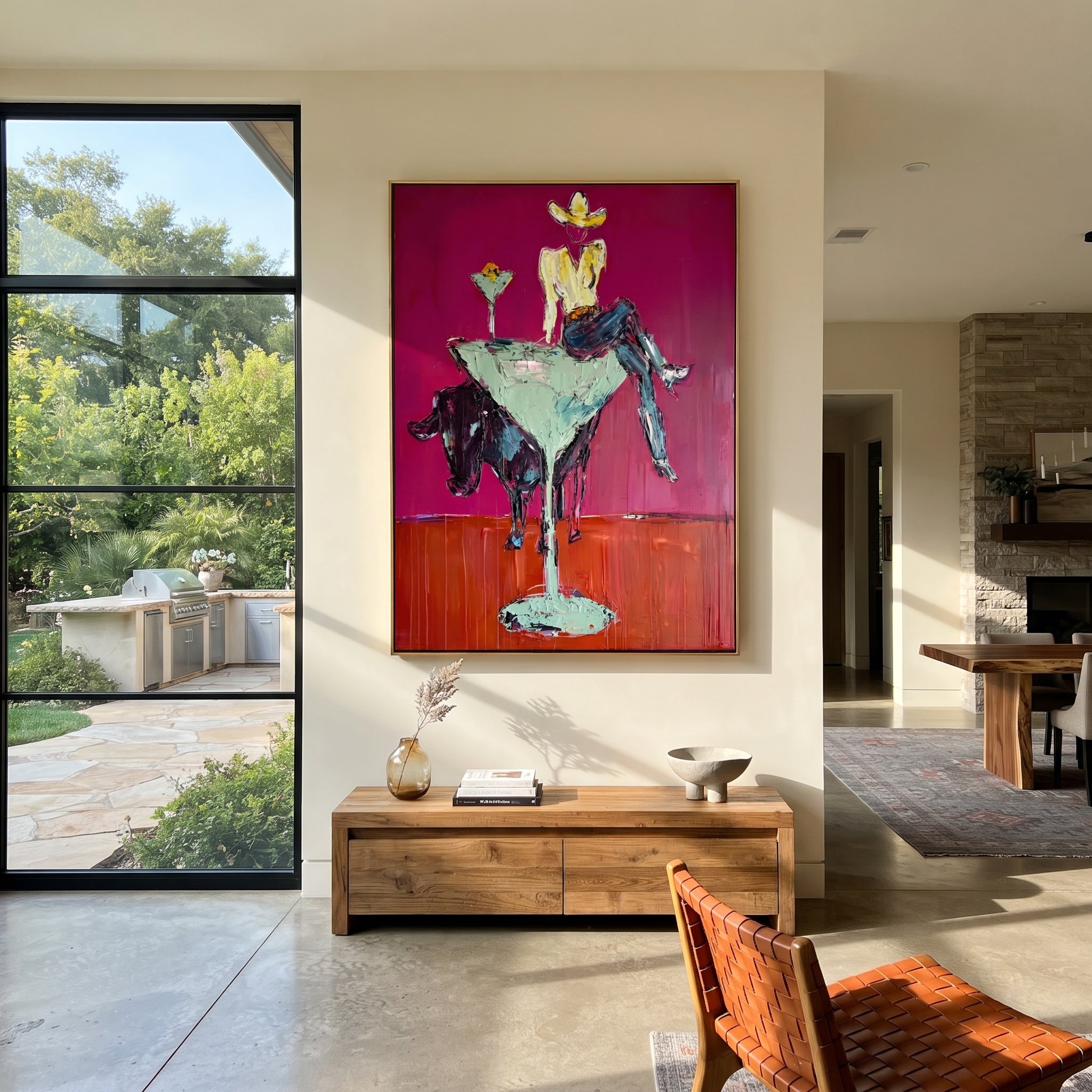 Mint Glass Lifts Gold - cowgirl cocktail glass painting by Ethan Mercer, contemporary Western vertical wall art – styled room scene view 1