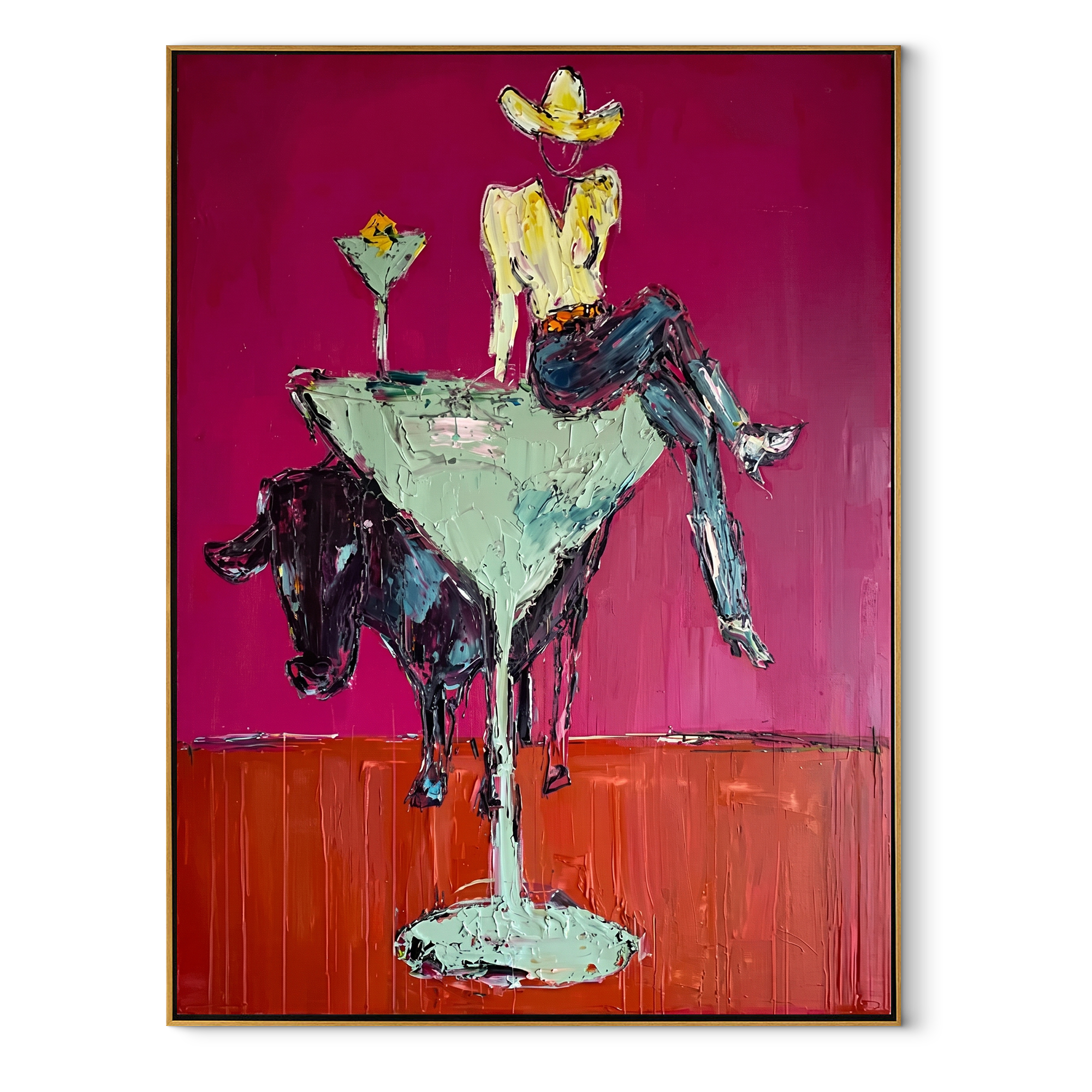 Mint Glass Lifts Gold - cowgirl cocktail glass painting by Ethan Mercer, contemporary Western vertical wall art – wood frame on white background