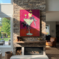Mint Glass Lifts Gold - cowgirl cocktail glass painting by Ethan Mercer, contemporary Western vertical wall art – styled room scene view 2