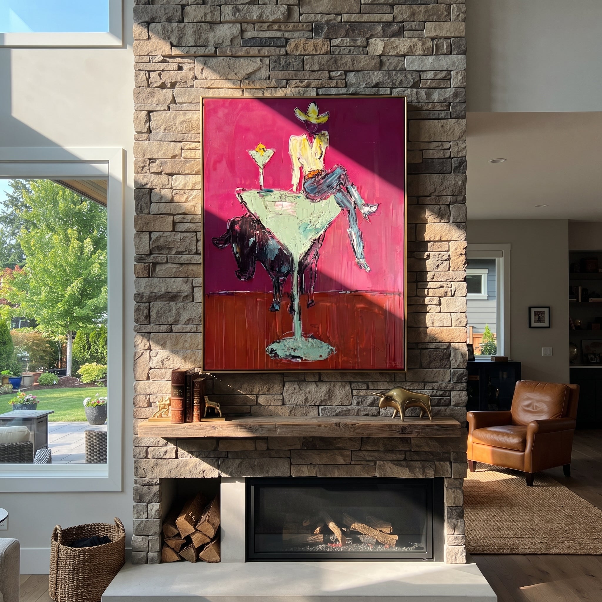Mint Glass Lifts Gold - cowgirl cocktail glass painting by Ethan Mercer, contemporary Western vertical wall art – styled room scene view 2