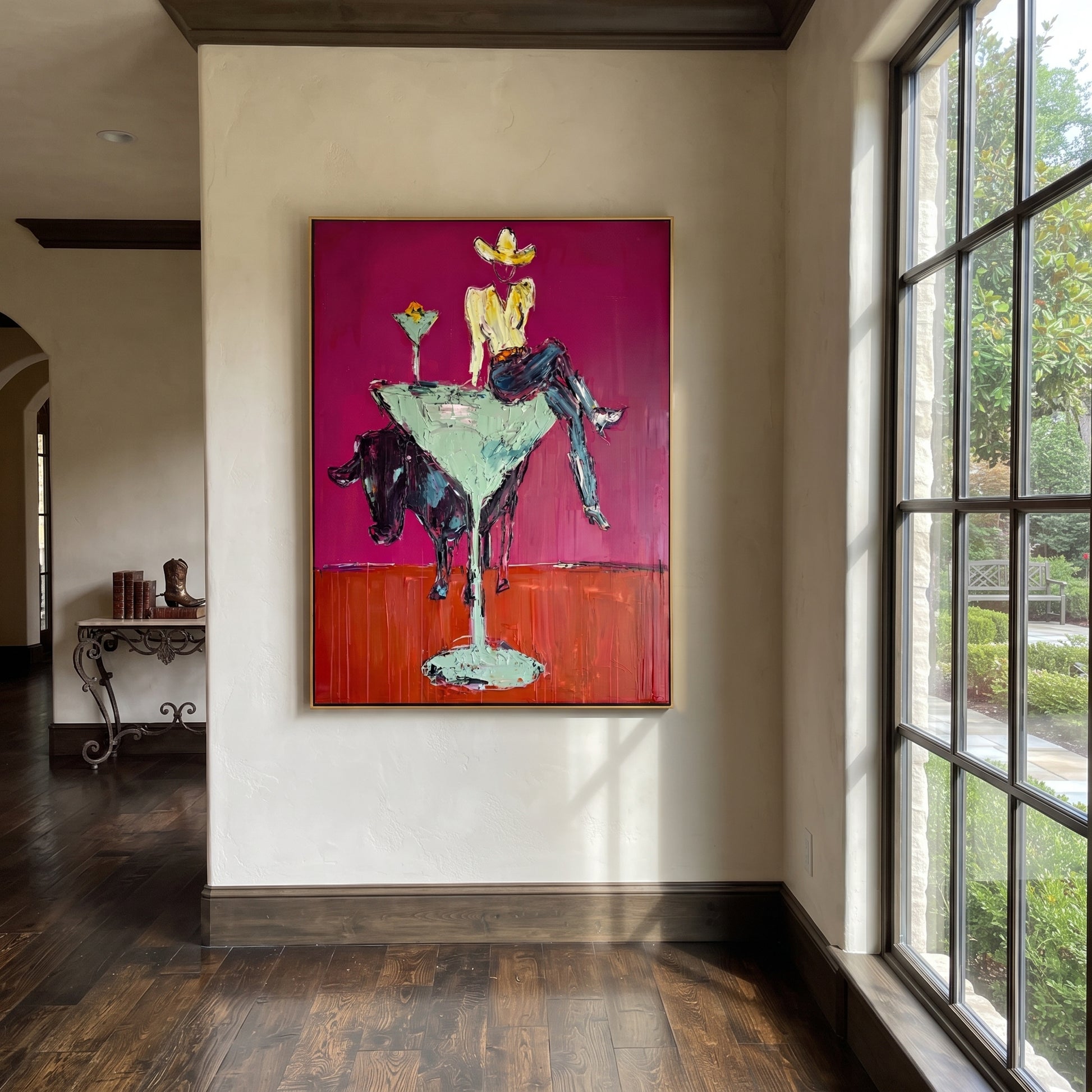 Mint Glass Lifts Gold - cowgirl cocktail glass painting by Ethan Mercer, contemporary Western vertical wall art – styled room scene view 3