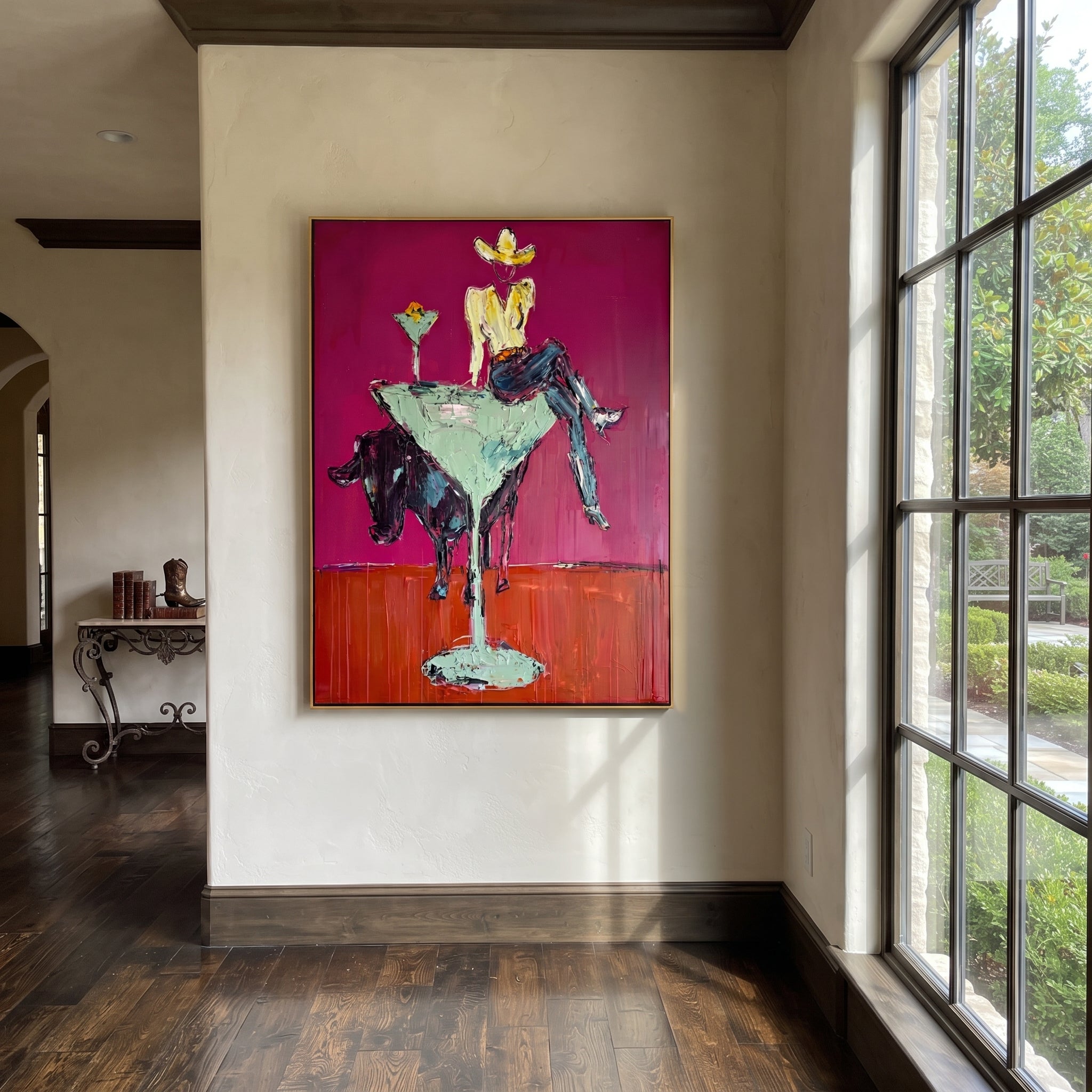 Mint Glass Lifts Gold - cowgirl cocktail glass painting by Ethan Mercer, contemporary Western vertical wall art – styled room scene view 3