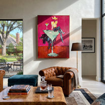 Mint Glass Lifts Gold - cowgirl cocktail glass painting by Ethan Mercer, contemporary Western vertical wall art – styled room scene view 4