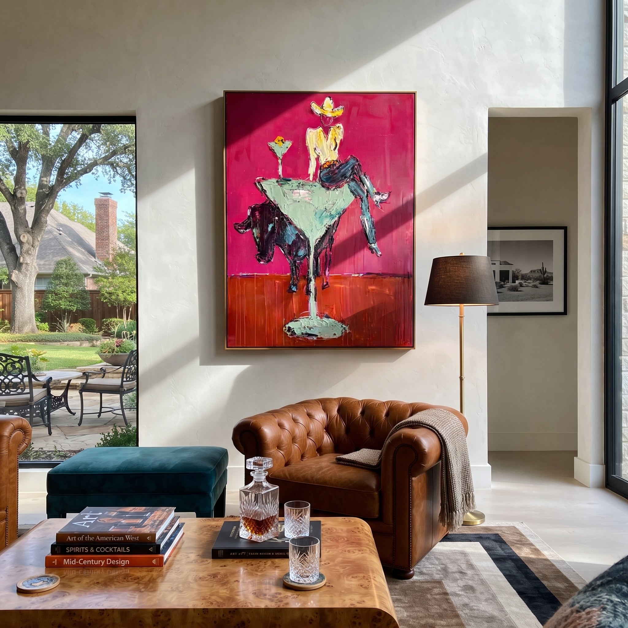Mint Glass Lifts Gold - cowgirl cocktail glass painting by Ethan Mercer, contemporary Western vertical wall art – styled room scene view 4
