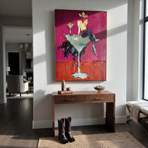 Mint Glass Lifts Gold - cowgirl cocktail glass painting by Ethan Mercer, contemporary Western vertical wall art – styled room scene view 5