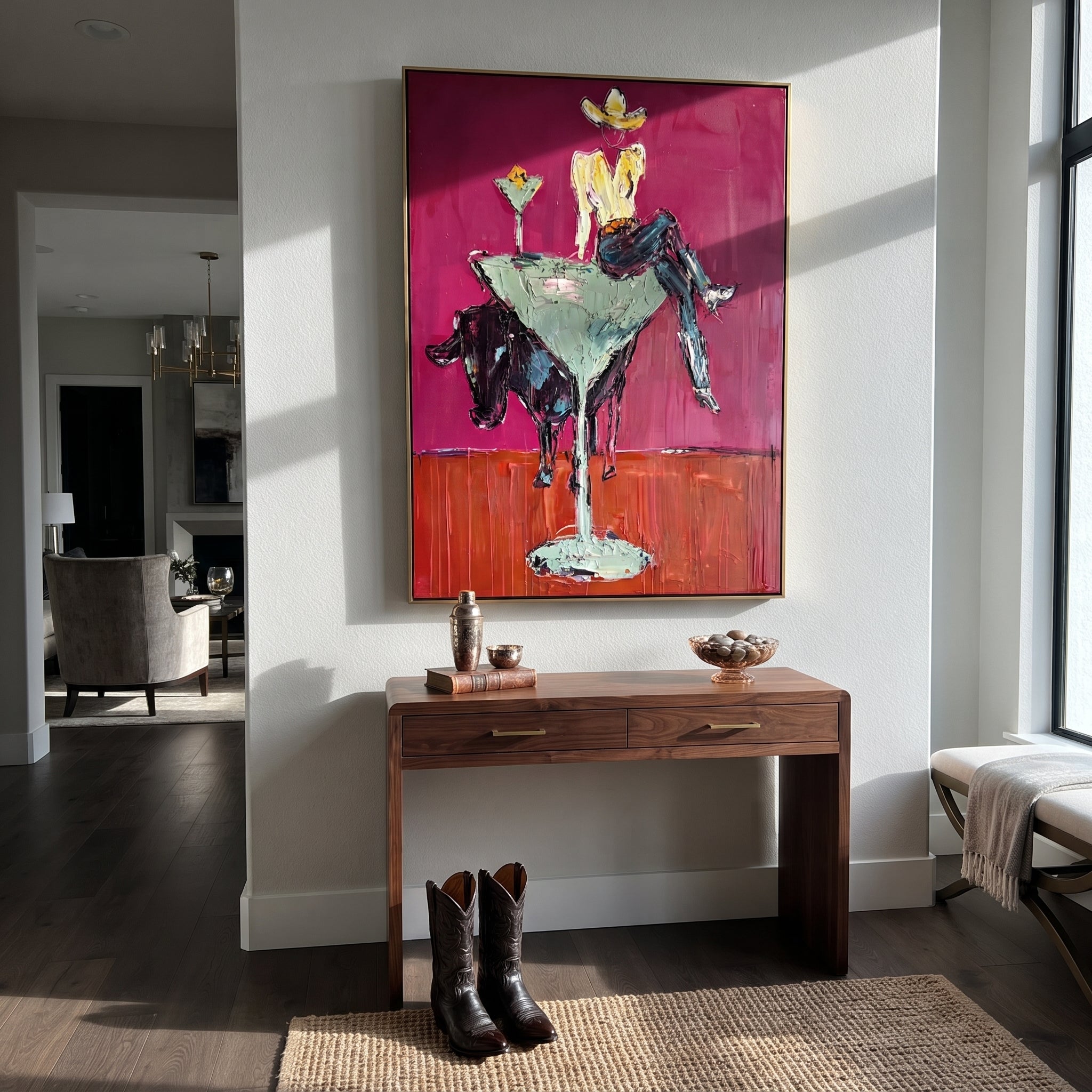 Mint Glass Lifts Gold - cowgirl cocktail glass painting by Ethan Mercer, contemporary Western vertical wall art – styled room scene view 5