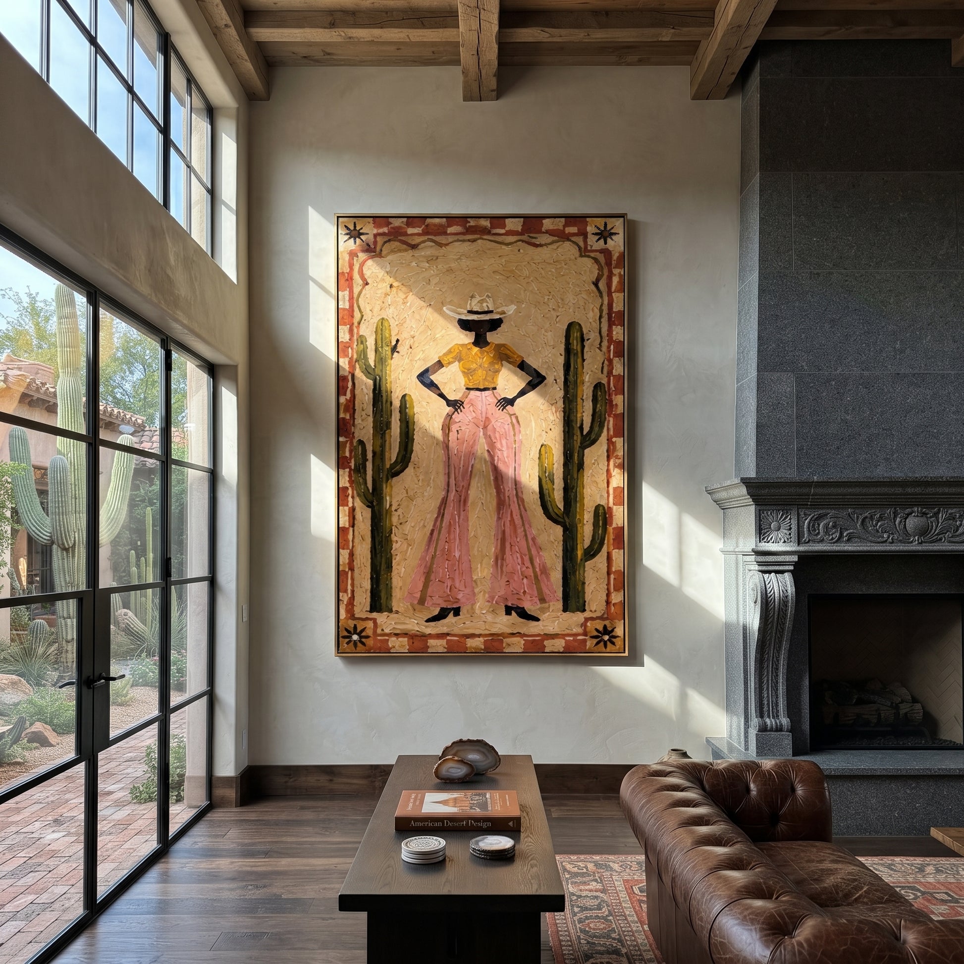 Cactus Walls Guard Rose - cowgirl cactus portrait painting by Ethan Mercer, contemporary Western vertical wall art – styled room scene view 1