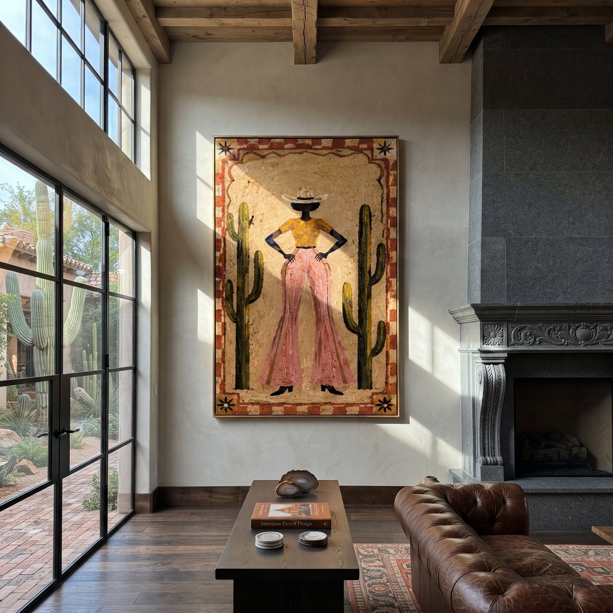 Cactus Walls Guard Rose - cowgirl cactus portrait painting by Ethan Mercer, contemporary Western vertical wall art – styled room scene view 1